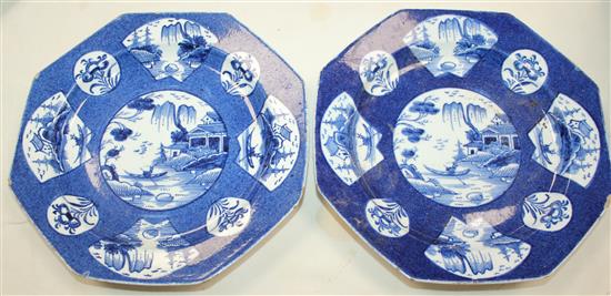 A pair of Bow powder blue ground octagonal plates and a similar smaller, c.1765, 7.75in. & 6.5in., smallest damaged